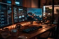 Nighttime Programmer's Workspace: Coding Projects Illuminate Screens with Mountain View, Creating Software Applications