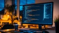 Nighttime Programmer Workspace Computer Screen Showing Code, Keyboard, Coffee