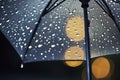 Nighttime Rain on Transparent Umbrella with City Lights. Generative AI