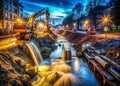 Nighttime Road Widening Project Long Exposure Captures Urban Infrastructure Development and Sewage Ditch Construction Royalty Free Stock Photo