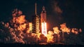Nighttime rocket launch with flames and clouds at space station Royalty Free Stock Photo