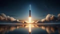 Nighttime rocket launch into star-filled sky, spaceship journey into outer space, concept of interplanetary travel and exploration Royalty Free Stock Photo