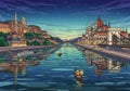 ighttime scene of Budapest, Hungary, featuring a stylized Royalty Free Stock Photo