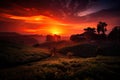 nighttime scene, with fiery sunset casting warm glow over tea plantation