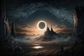 nighttime scene of the land of mordor, with moonlight illuminating the landscape Royalty Free Stock Photo