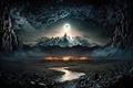 nighttime scene of the land of mordor, with moonlight illuminating the landscape Royalty Free Stock Photo