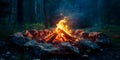 Nighttime scene with a warm bonfire in a forest creating a cozy ambiance. Concept Nighttime Scenes, Bonfire, Forest, Cozy Ambiance