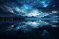 Nighttime serenity envelops the lake, merging with the blue horizon