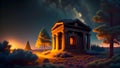 Nighttime Serenity: Illustration of an Ancient Greek Temple in the Greek Nature Landscape at Night