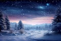 Nighttime serenity Winter landscape with snow covered trees and starry sky