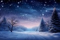 Nighttime serenity Winter landscape with snow covered trees and starry sky