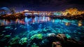 A nighttime shot of sea world illuminated by colorful lights. AI Generative