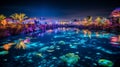 A nighttime shot of sea world illuminated by colorful lights. AI Generative