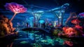 A nighttime shot of sea world illuminated by colorful lights. AI Generative