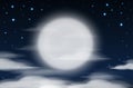 Nighttime sky background with full moon, clouds and stars. Moonlight night