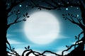 Nighttime sky background with full moon and trees, clouds