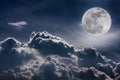 Nighttime sky with clouds and bright full moon with shiny. Vint Royalty Free Stock Photo