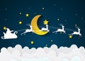 Nighttime sky with Santa Claus and full moon and flag,clouds background Royalty Free Stock Photo