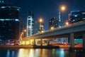 Nighttime skyline of Dubai with modern buildings, street lights and a bridge