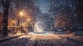 Nighttime snow blankets sleeping towns, a tranquil winter embrace.AI Generated