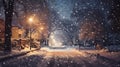 Nighttime snow blankets sleeping towns, a tranquil winter embrace.AI Generated