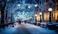 Nighttime Snowy Street Scene With People Walking Royalty Free Stock Photo