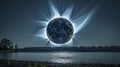 Nighttime Spectacle Of A Moon Eclipse With Light Radiating Over A Quiet River