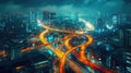 Nighttime Traffic Trails: A Captivating Long Exposure Image of a Busy Highway Created with Generative AI Technology
