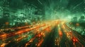 Nighttime Traffic Trails: A Captivating Long Exposure Image of a Busy Highway Created with Generative AI Technology