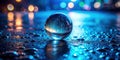 Nighttime urban scene reflected in a crystal sphere on a wet surface. Generative AI Royalty Free Stock Photo