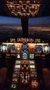 Nighttime View of Airplane Cockpit, Clear Perspective of the Controls and Instruments Royalty Free Stock Photo