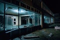 nighttime view of deserted hospital, with broken windows and shattered glass