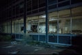 nighttime view of deserted hospital, with broken windows and shattered glass