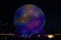 Nighttime view of the geodesic sphere at the entrance of Walt Disney World`s Epcot Center Royalty Free Stock Photo