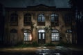 nighttime view of haunted abandoned building, with lights shining through broken windows and doors