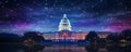 Nighttime view of illuminated Capitol dome in Washington DC with social media hologram. Concept Washington DC, Capitol dome,