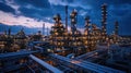 Illuminated Oil Refinery Plant Complex at Twilight with Sky and Pipeline Royalty Free Stock Photo