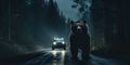 Nighttime view from inside a car, with a bear standing ominously in the middle of the road, concept of Silent threat