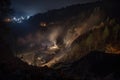 nighttime view of landslide with searchlights shining on the scene