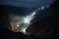 nighttime view of landslide with searchlights shining on the scene