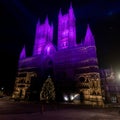 Nighttime view of Lincoln Cathedral, beautifully lit up, in Lincoln, Lincolnshire, UK