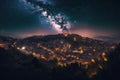 nighttime view of mesmerizing galactic cityscape, with glowing buildings and stars in the sky