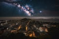 nighttime view of mesmerizing galactic cityscape, with glowing buildings and stars in the sky