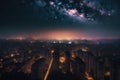 nighttime view of mesmerizing galactic cityscape, with glowing buildings and stars in the sky