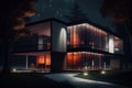 nighttime view of a modern house, with lights shining through the windows and onto the exterior Royalty Free Stock Photo