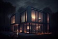 nighttime view of a modern house, with lights shining through the windows and onto the exterior Royalty Free Stock Photo