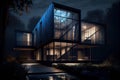 nighttime view of a modern house, with lights shining through the windows and onto the exterior Royalty Free Stock Photo