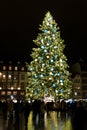 Nighttime view of the Place Kleber Square in Strasbourg with many people admiring the large and iconic Christmas tree Royalty Free Stock Photo