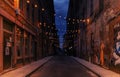 Nighttime view of the restored Franklin Alley, a freshly paved street connecting River Street and