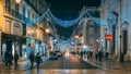 Scenic view of Christmas decorations on the streets of Lisbon, Portugal at night